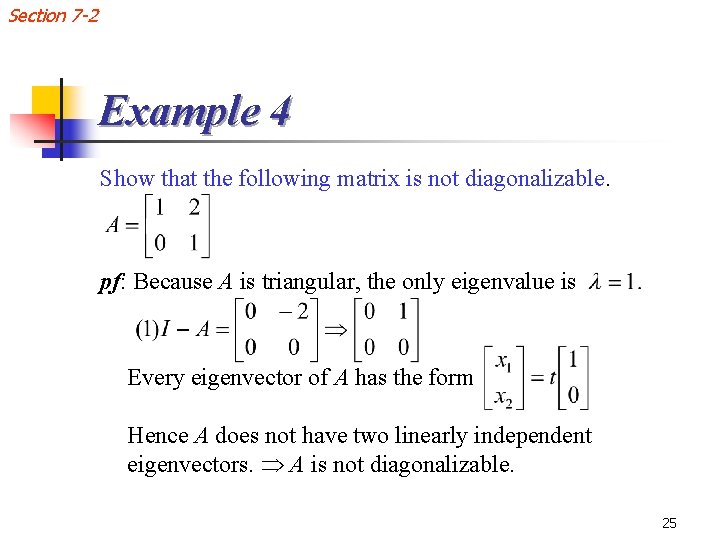 Section 7 -2 Example 4 Show that the following matrix is not diagonalizable. pf: