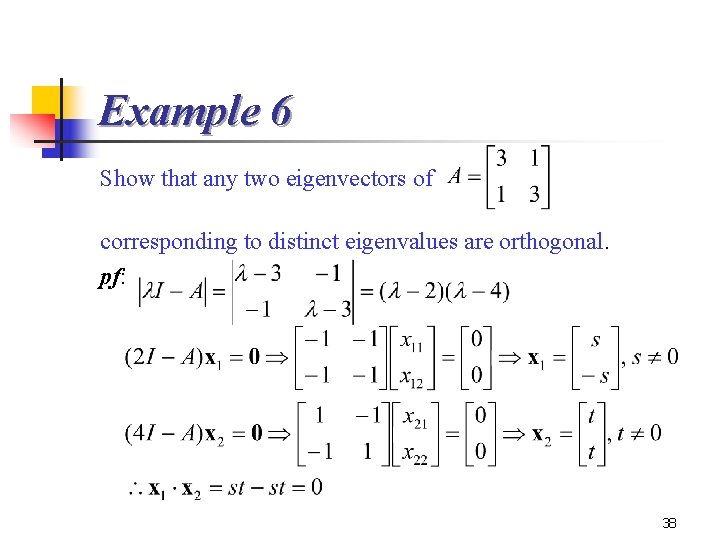 Example 6 Show that any two eigenvectors of corresponding to distinct eigenvalues are orthogonal.