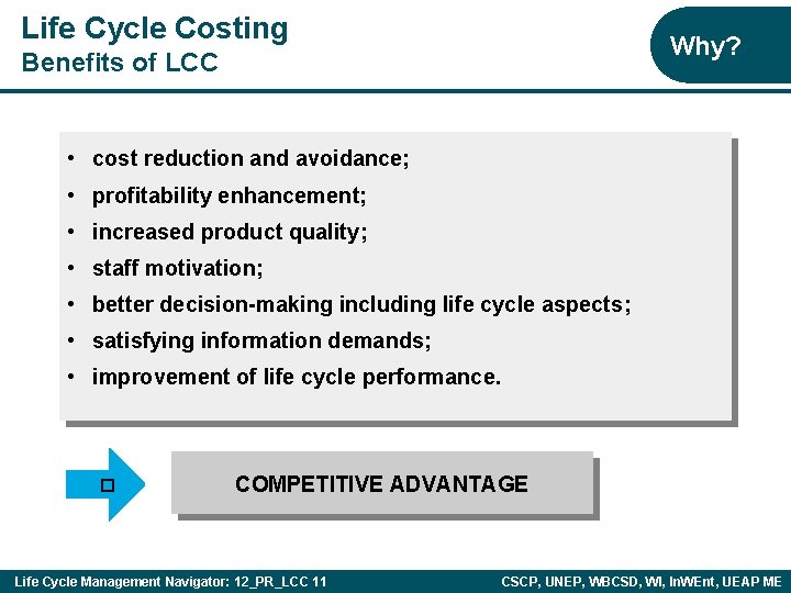 Life Cycle Costing Why? Benefits of LCC • cost reduction and avoidance; • profitability