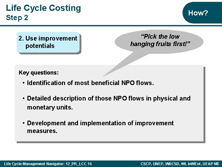 Life Cycle Costing How? Step 2 2. Use improvement potentials “Pick the low hanging