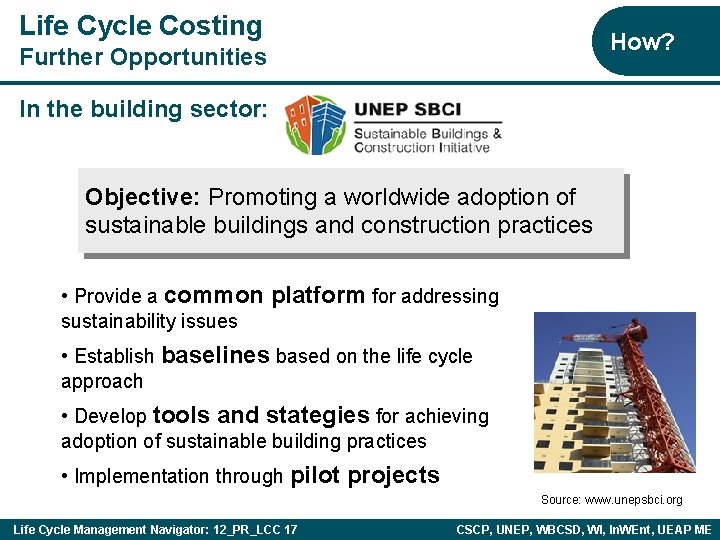 Life Cycle Costing How? Further Opportunities In the building sector: Objective: Promoting a worldwide