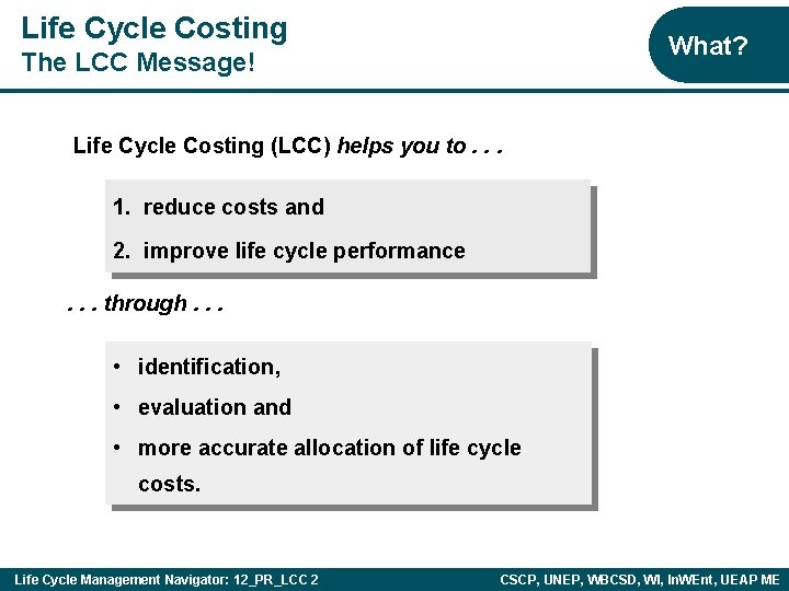 Life Cycle Costing What? The LCC Message! Life Cycle Costing (LCC) helps you to.