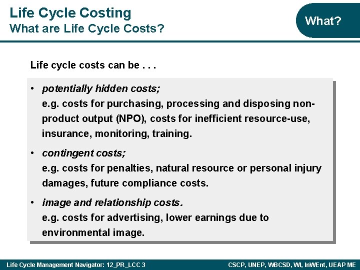 Life Cycle Costing What? What are Life Cycle Costs? Life cycle costs can be.