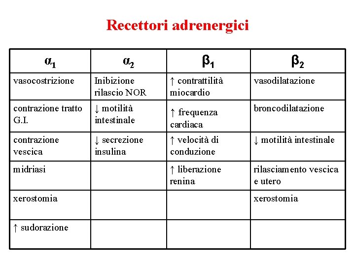 Recettori adrenergici α 1 α 2 β 1 β 2 vasocostrizione Inibizione rilascio NOR