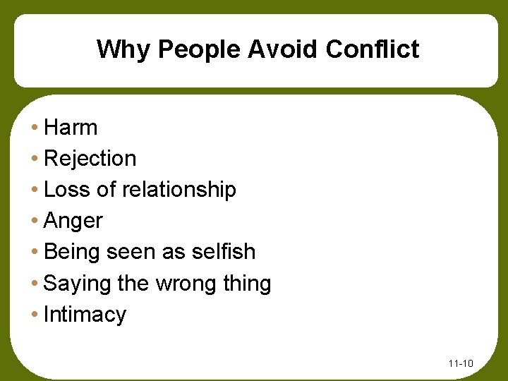 Why People Avoid Conflict • Harm • Rejection • Loss of relationship • Anger