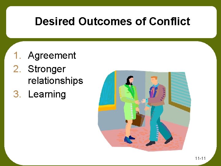 Desired Outcomes of Conflict 1. Agreement 2. Stronger relationships 3. Learning 11 -11 