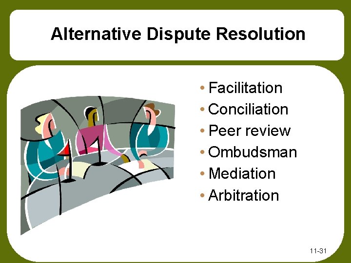 Alternative Dispute Resolution • Facilitation • Conciliation • Peer review • Ombudsman • Mediation