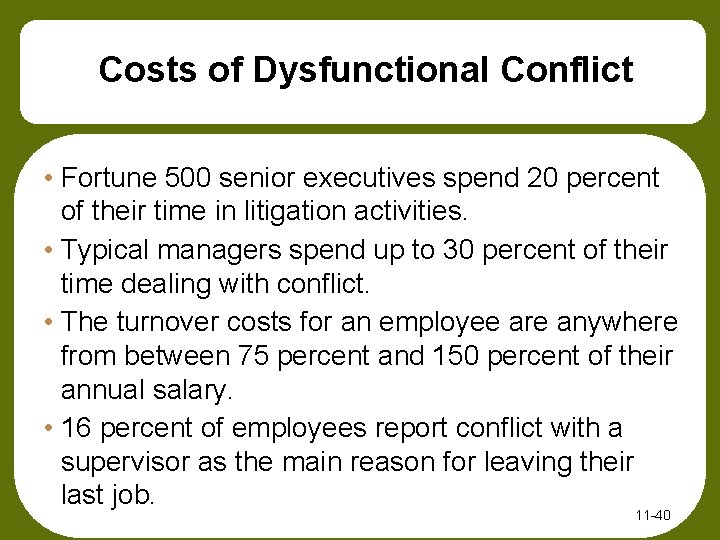 Costs of Dysfunctional Conflict • Fortune 500 senior executives spend 20 percent of their