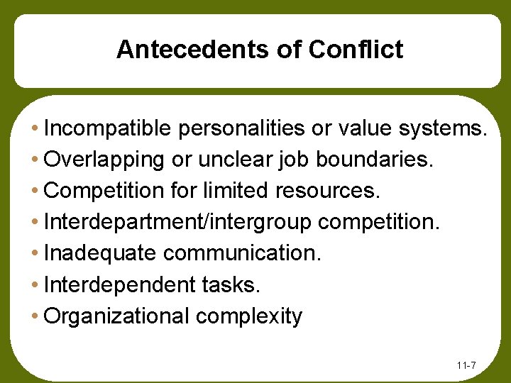 Antecedents of Conflict • Incompatible personalities or value systems. • Overlapping or unclear job