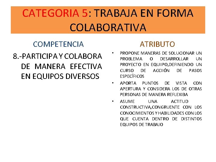 CATEGORIA 5: TRABAJA EN FORMA COLABORATIVA COMPETENCIA 8. -PARTICIPA Y COLABORA DE MANERA EFECTIVA