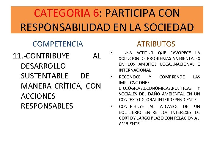 CATEGORIA 6: PARTICIPA CON RESPONSABILIDAD EN LA SOCIEDAD COMPETENCIA 11. -CONTRIBUYE AL DESARROLLO SUSTENTABLE