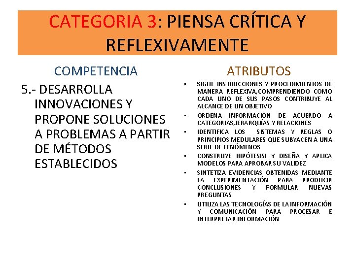 CATEGORIA 3: PIENSA CRÍTICA Y REFLEXIVAMENTE COMPETENCIA 5. - DESARROLLA INNOVACIONES Y PROPONE SOLUCIONES