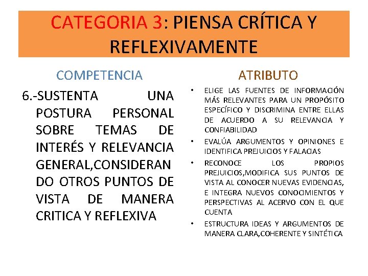 CATEGORIA 3: PIENSA CRÍTICA Y REFLEXIVAMENTE COMPETENCIA 6. -SUSTENTA UNA POSTURA PERSONAL SOBRE TEMAS
