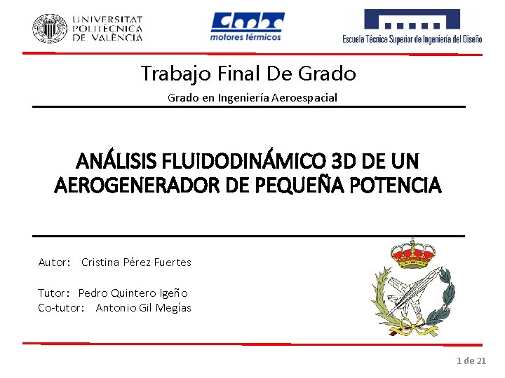 Trabajo Final De Grado en Ingeniería Aeroespacial ANÁLISIS FLUIDODINÁMICO 3 D DE UN AEROGENERADOR