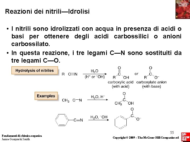 Reazioni dei nitrili—Idrolisi • I nitrili sono idrolizzati con acqua in presenza di acidi Reazioni dei nitrili—Idrolisi • I nitrili sono idrolizzati con acqua in presenza di acidi