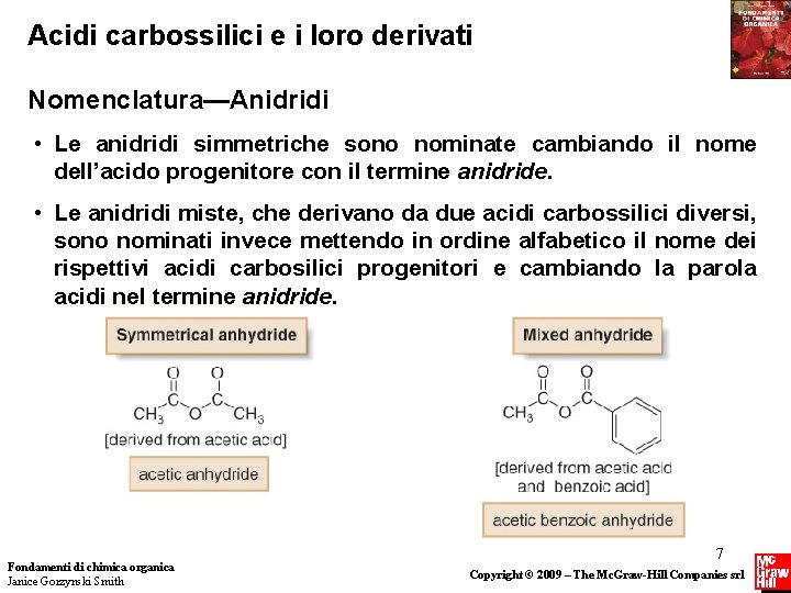 Acidi carbossilici e i loro derivati Nomenclatura—Anidridi • Le anidridi simmetriche sono nominate cambiando Acidi carbossilici e i loro derivati Nomenclatura—Anidridi • Le anidridi simmetriche sono nominate cambiando