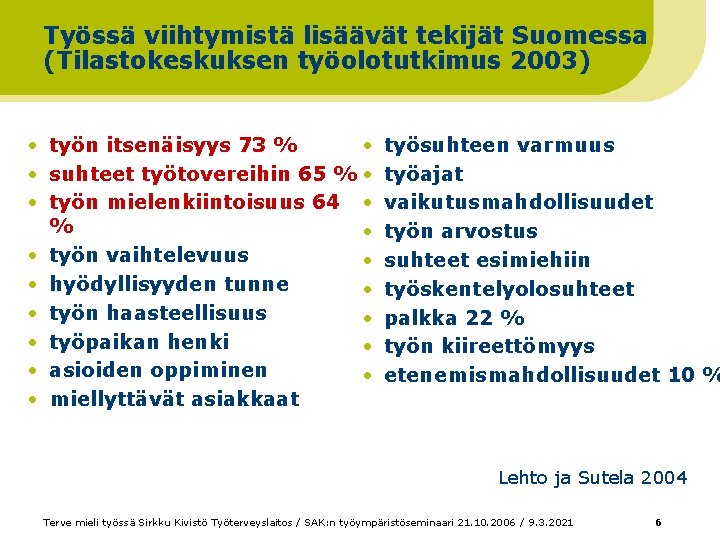 Työssä viihtymistä lisäävät tekijät Suomessa (Tilastokeskuksen työolotutkimus 2003) • työn itsenäisyys 73 % •