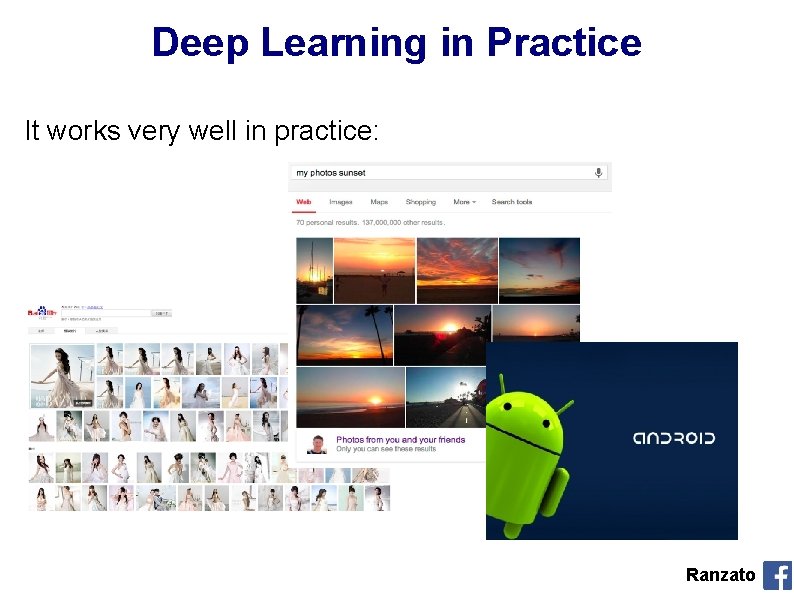 Deep Learning in Practice It works very well in practice: Ranzato 