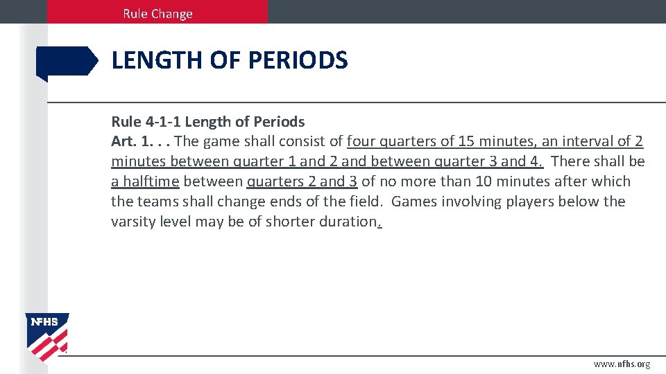 Rule Change LENGTH OF PERIODS Rule 4 -1 -1 Length of Periods Art. 1.