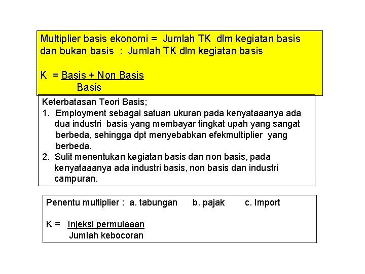 Multiplier basis ekonomi = Jumlah TK dlm kegiatan basis dan bukan basis : Jumlah