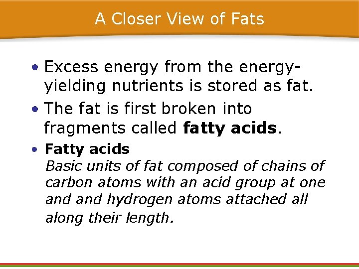 A Closer View of Fats • Excess energy from the energyyielding nutrients is stored
