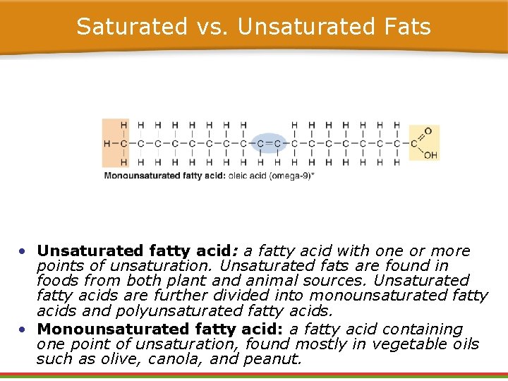 Saturated vs. Unsaturated Fats • Unsaturated fatty acid: a fatty acid with one or