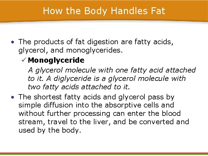 How the Body Handles Fat • The products of fat digestion are fatty acids,