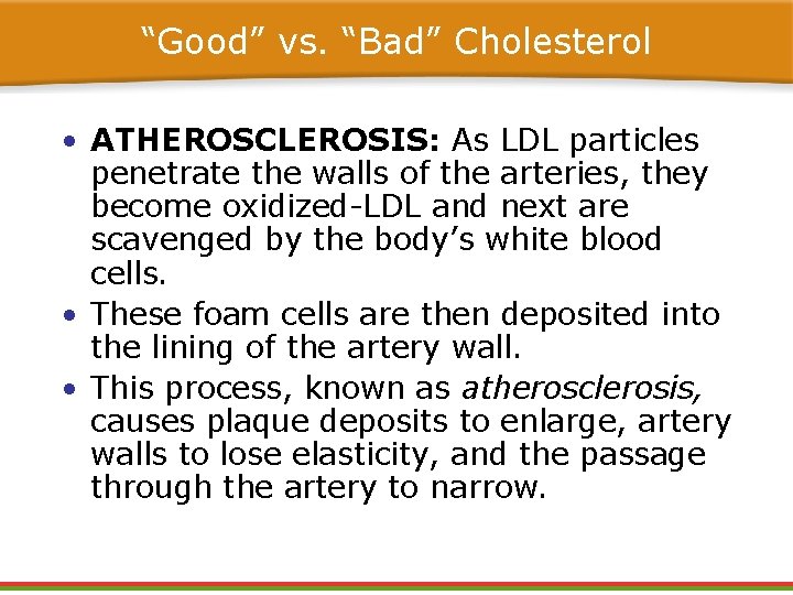 “Good” vs. “Bad” Cholesterol • ATHEROSCLEROSIS: As LDL particles penetrate the walls of the