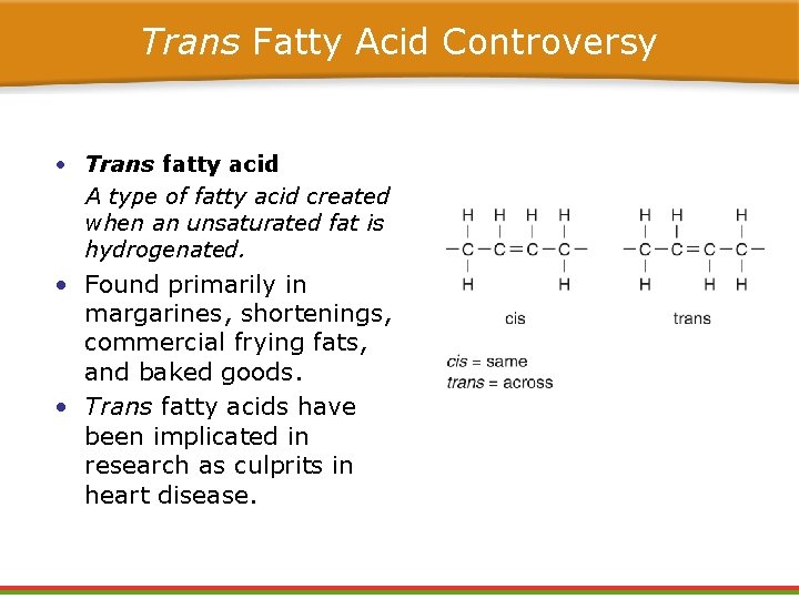 Trans Fatty Acid Controversy • Trans fatty acid A type of fatty acid created