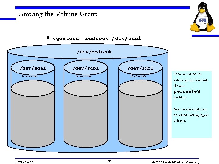 Growing the Volume Group # vgextend bedrock /dev/sdc 1 /dev/bedrock /dev/sda 1 Structural data