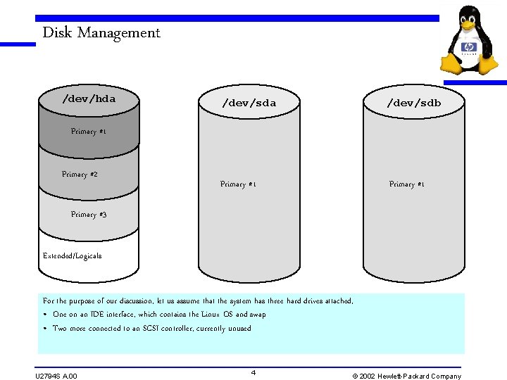 Disk Management /dev/hda /dev/sdb Primary #1 Primary #2 Primary #3 Extended/Logicals For the purpose