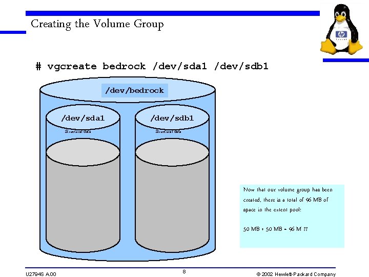 Creating the Volume Group # vgcreate bedrock /dev/sda 1 /dev/sdb 1 /dev/bedrock /dev/sda 1