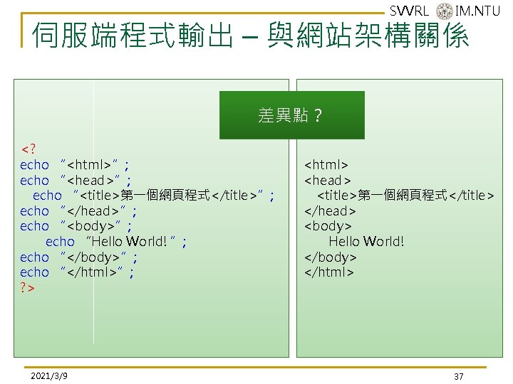 SVVRL @ IM. NTU 伺服端程式輸出 – 與網站架構關係 差異點? <? echo “<html>”; echo “<head>”; echo SVVRL @ IM. NTU 伺服端程式輸出 – 與網站架構關係 差異點? <? echo “<html>”; echo “<head>”; echo