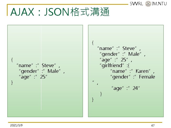 AJAX:JSON格式溝通 SVVRL @ IM. NTU { { } “name”: ”Steve”, “gender”: ”Male”, “age”: ” AJAX:JSON格式溝通 SVVRL @ IM. NTU { { } “name”: ”Steve”, “gender”: ”Male”, “age”: ”