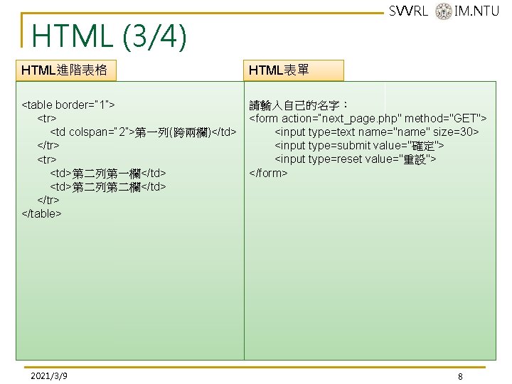 SVVRL @ IM. NTU HTML (3/4) HTML進階表格 HTML表單 <table border=“ 1”> <tr> <td colspan=“ SVVRL @ IM. NTU HTML (3/4) HTML進階表格 HTML表單 <table border=“ 1”> <tr> <td colspan=“