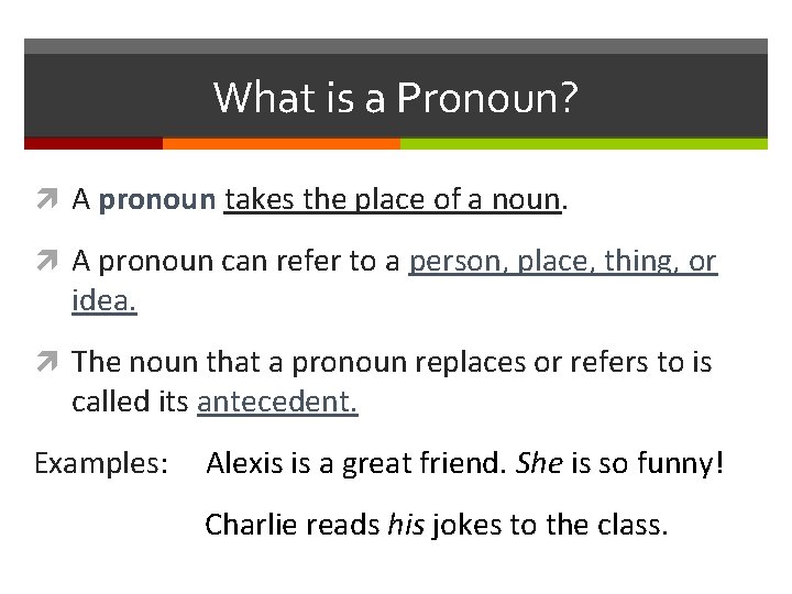 What is a Pronoun? A pronoun takes the place of a noun. A pronoun