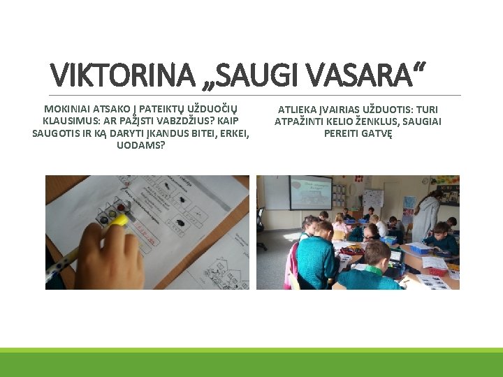 VIKTORINA „SAUGI VASARA“ MOKINIAI ATSAKO Į PATEIKTŲ UŽDUOČIŲ KLAUSIMUS: AR PAŽĮSTI VABZDŽIUS? KAIP SAUGOTIS