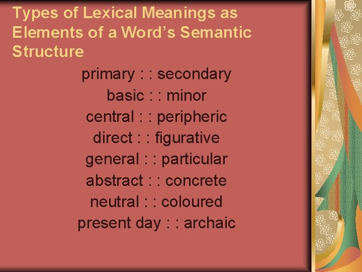 Types of Lexical Meanings as Elements of a Word’s Semantic Structure primary : :