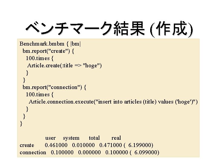 ベンチマーク結果 (作成) Benchmark. bmbm { |bm| bm. report("create") { 100. times { Article. create(: