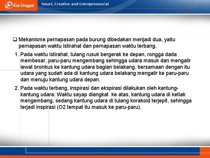 q Mekanisme pernapasan pada burung dibedakan menjadi dua, yaitu pernapasan waktu istirahat dan pernapasan