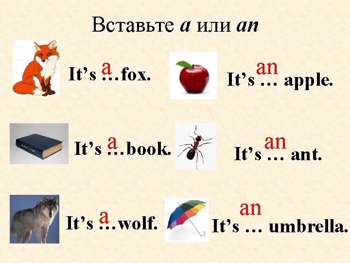 Вставьте a или an a It’s …fox. an It’s … apple. a It’s …book.