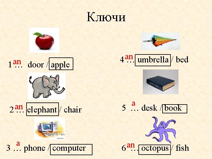 Ключи 1 an … door / apple 2 an … elephant / chair a