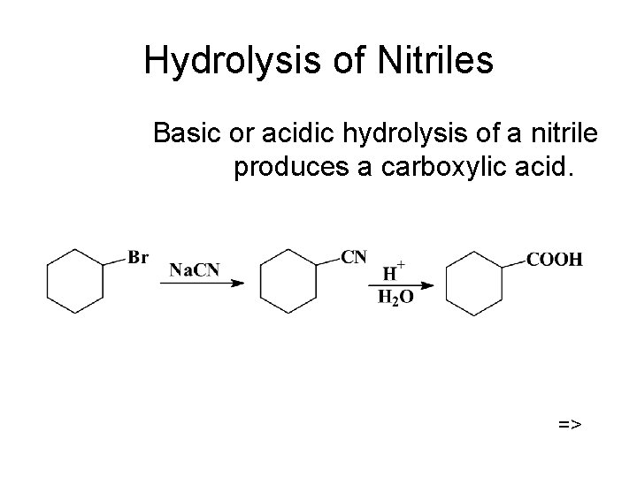 Hydrolysis of Nitriles Basic or acidic hydrolysis of a nitrile produces a carboxylic acid.