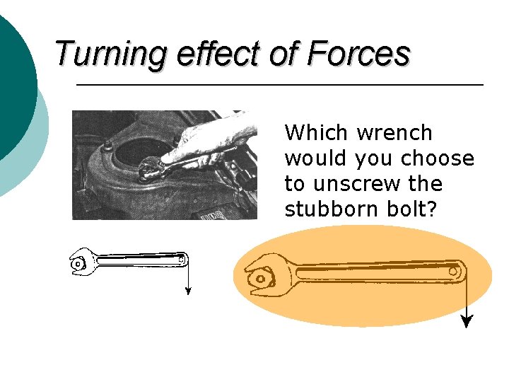 Turning effect of Forces Which wrench would you choose to unscrew the stubborn bolt?