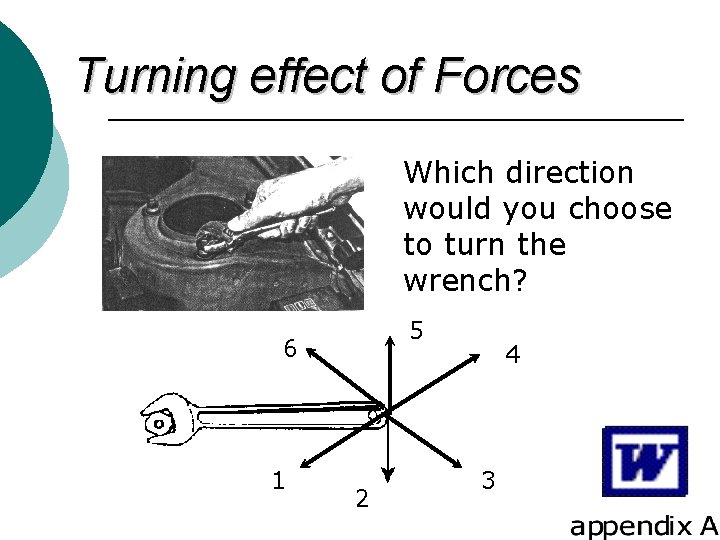 Turning effect of Forces Which direction would you choose to turn the wrench? 5