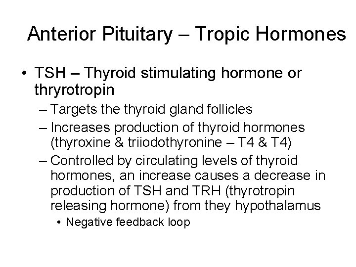 Anterior Pituitary – Tropic Hormones • TSH – Thyroid stimulating hormone or thryrotropin –