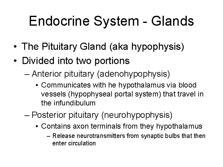 Endocrine System - Glands • The Pituitary Gland (aka hypophysis) • Divided into two