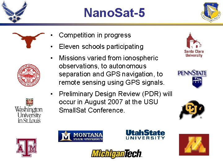Nano. Sat-5 • Competition in progress • Eleven schools participating • Missions varied from