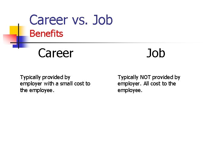 Career vs. Job Benefits Career Typically provided by employer with a small cost to