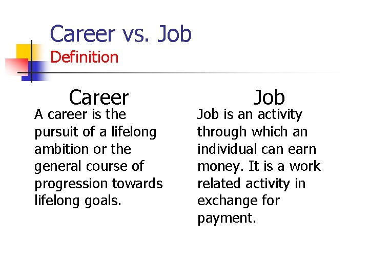 Career vs. Job Definition Career A career is the pursuit of a lifelong ambition
